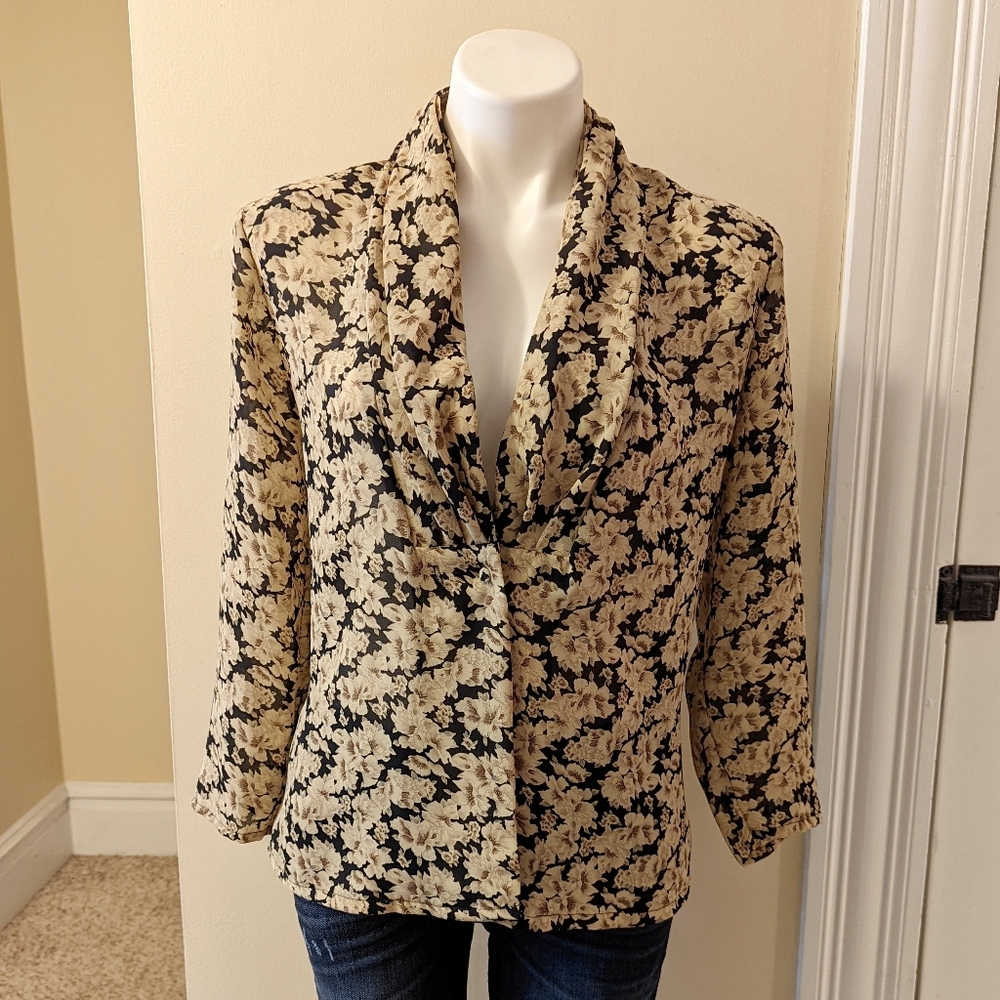 Vintage Lauren Lee tan and black floral blouse size large